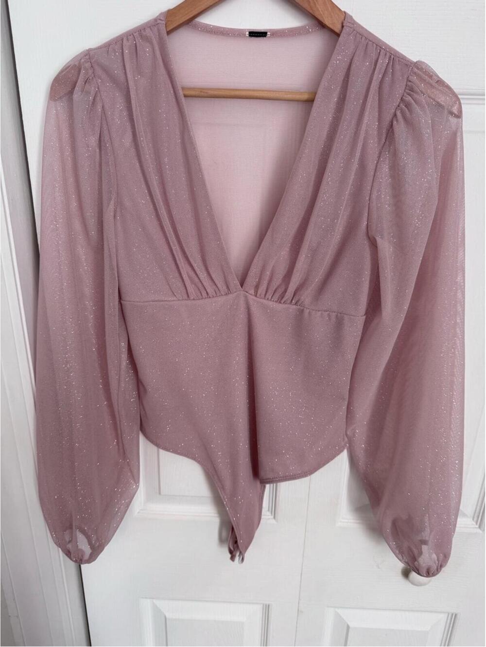 Sparkle Sheer V-Neck Blouse Bodysuit - Dusty Pink